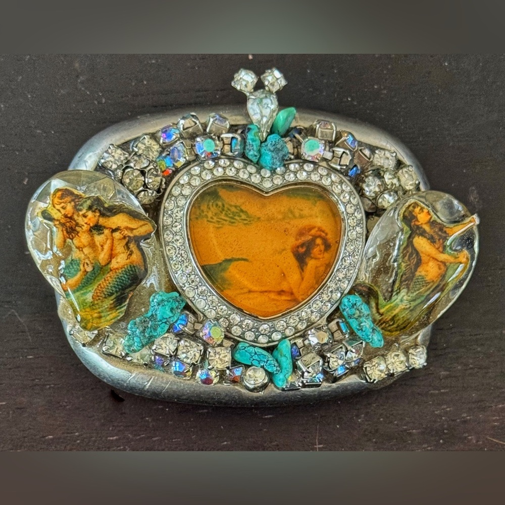 Vintage Mermaid Heart Rhinestone Belt Buckle with Turquoise Accents. Huge